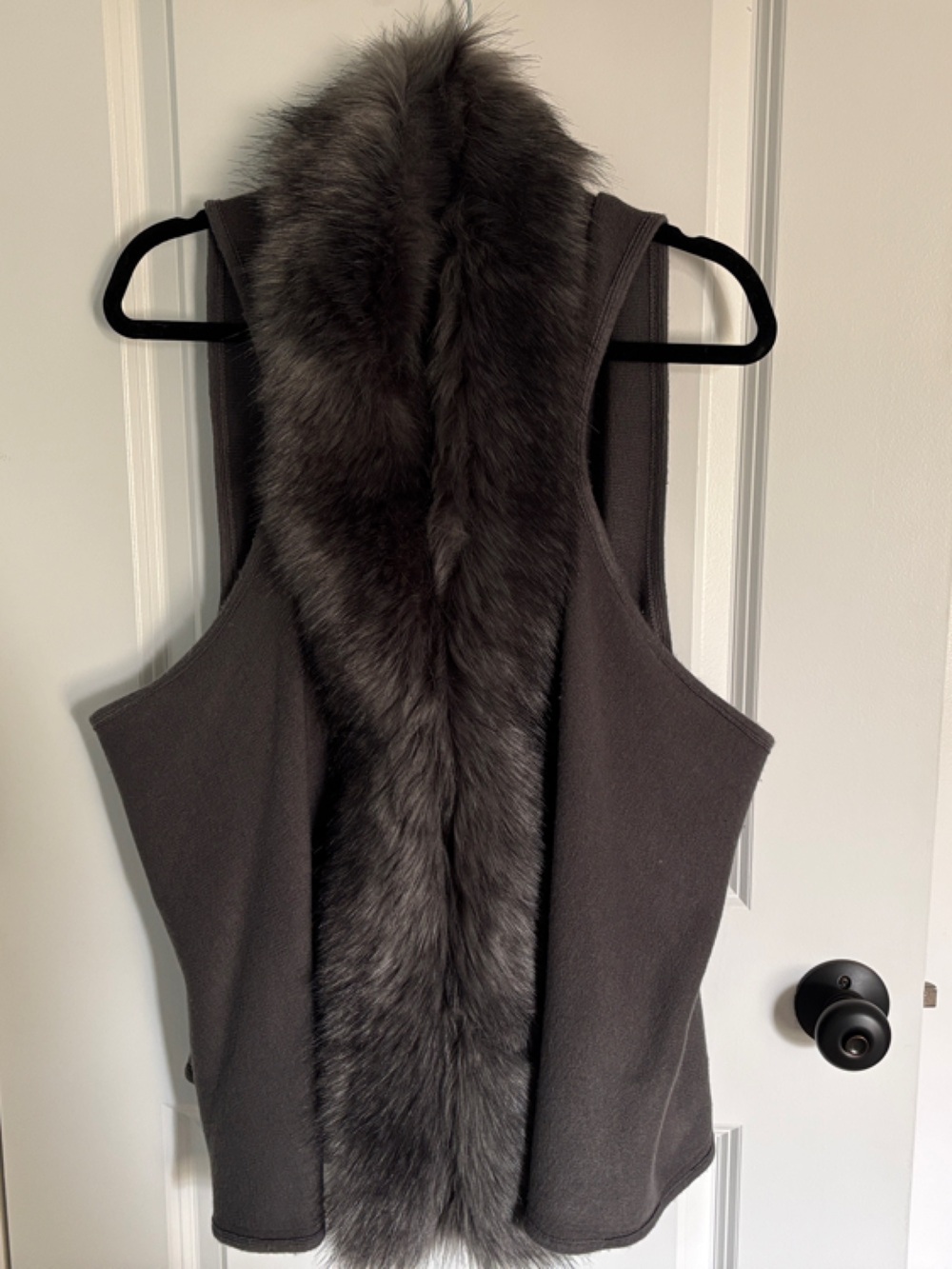 Surell Gray Faux Fur-Trim Sleeveless Cardigan